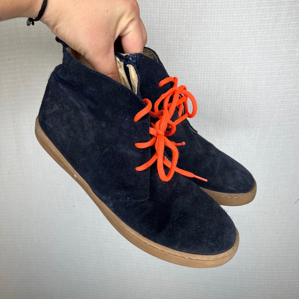 Jacadi Navy Blue Suede Chukka Boots Orange Laces Kids Size 39 Side Zip Mid Top